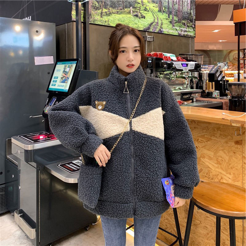 Lamb Wool Plus Velvet Jacket Female Design Sense Contrast Color Grey - Shop at LoveMi