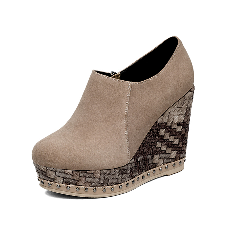 Women's Leather Side Zip Round Toe Deep High Heels