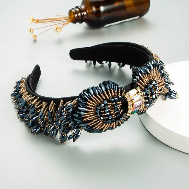 Baroque Crystal Fringed Headband With Wide Side Blue - Shop at LoveMi
