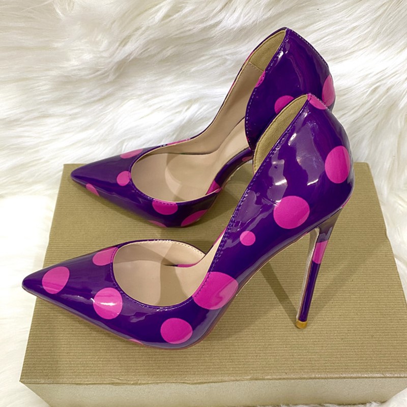Polka Dot Side Hollow Pointed Thin Heel High Heels Purple - Shop at LoveMi