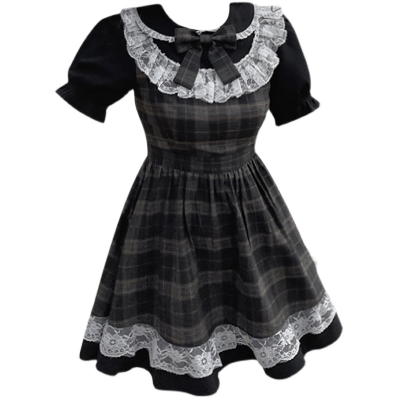 PlaidWomen's Summer Round Neck Brown Plaid Lace High Waist Dress