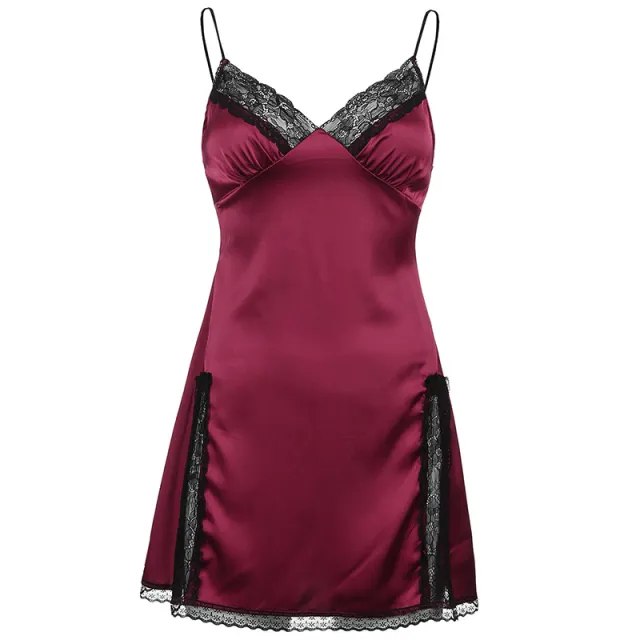 Sweetown Y2K Aesthetic Cute Satin Mini Dress Women Lace Wine Red - Shop at LoveMi