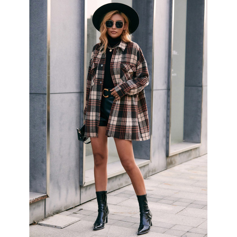 Casual Plaid Single-breasted Mid-length Trench Coat Shirt