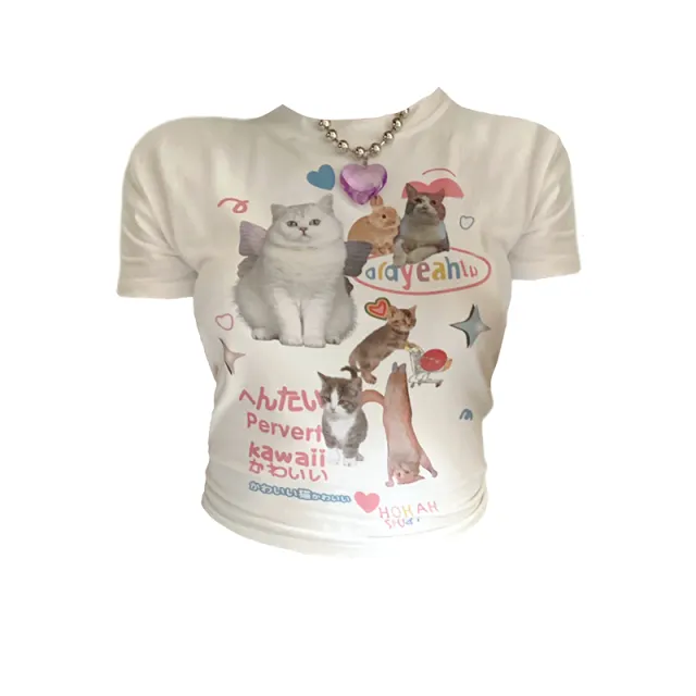Retro Cat Print Short sleeved T shirt For Women White - Shop at LoveMi