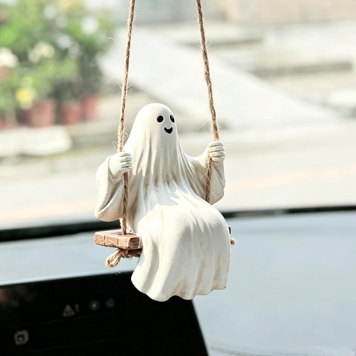 Cute Swinging Ghost Car Mirror Hanging Ornament Halloween Car Interior Accessories Distressed Vintage Ghost