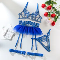 Women's Embroidered Small Skirt And Fun Lingerie Set - Royal Blue - View 1