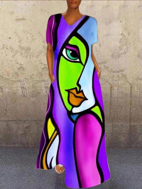 New Style Beauty Print Long Print Short Sleeve Dress