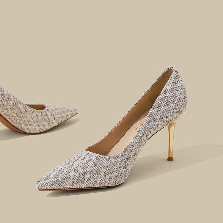 Elegant Pointed Toe Glitter High Heels, Shallow Thin Heel Bridal Shoes, French Retro Classy Pumps
