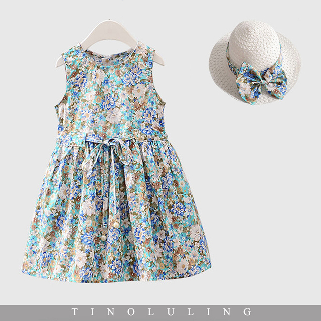 2Pcs Set Girls Dress  Hat Cotton Comfortable Children's Dres