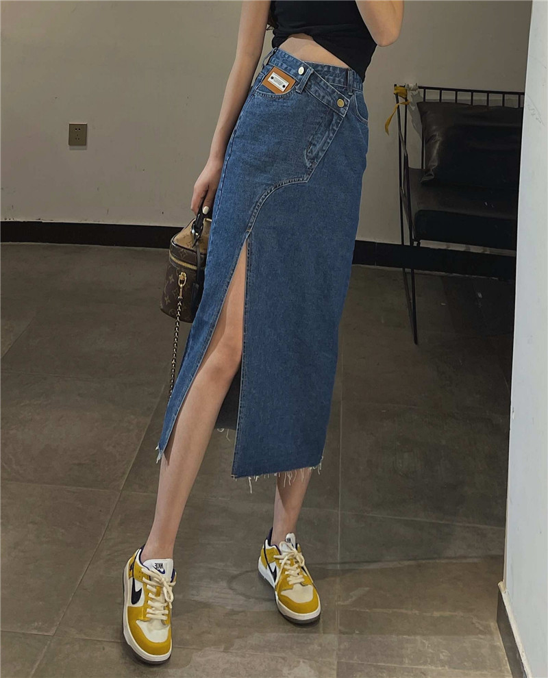 Title 2, Womens Design Slanted Slit Denim Skirt High Wa...