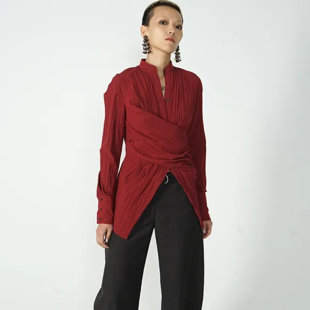Women's Wrinkled Irregular Waist V neck Long sleeved Shirt Red - Shop at LoveMi
