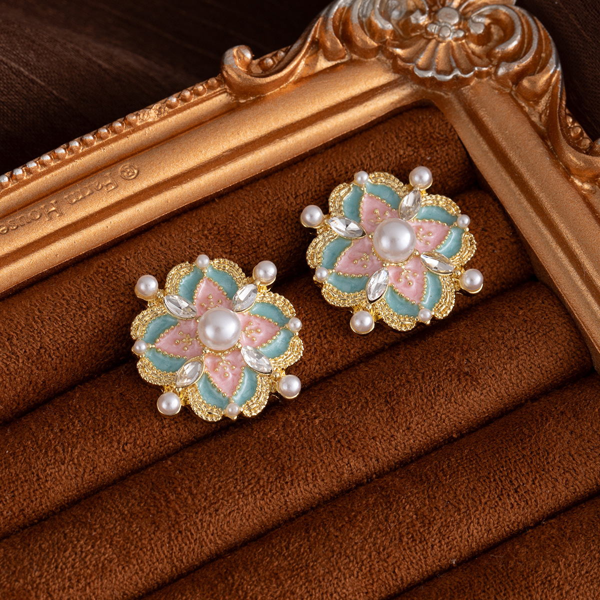 Silver Needle Chinese Style Enamel Flower Stud Earrings For Women Exquisite Rhinestone Pearl Luxury