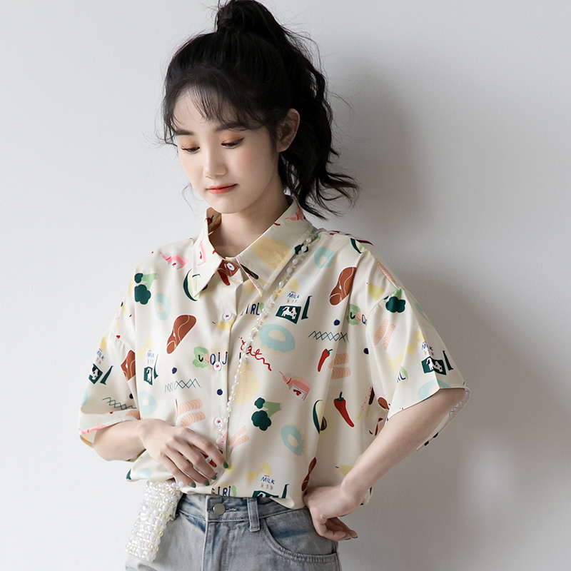 Title 4, Retro Print Girl Short Sleeve Shirt Loose All-m...