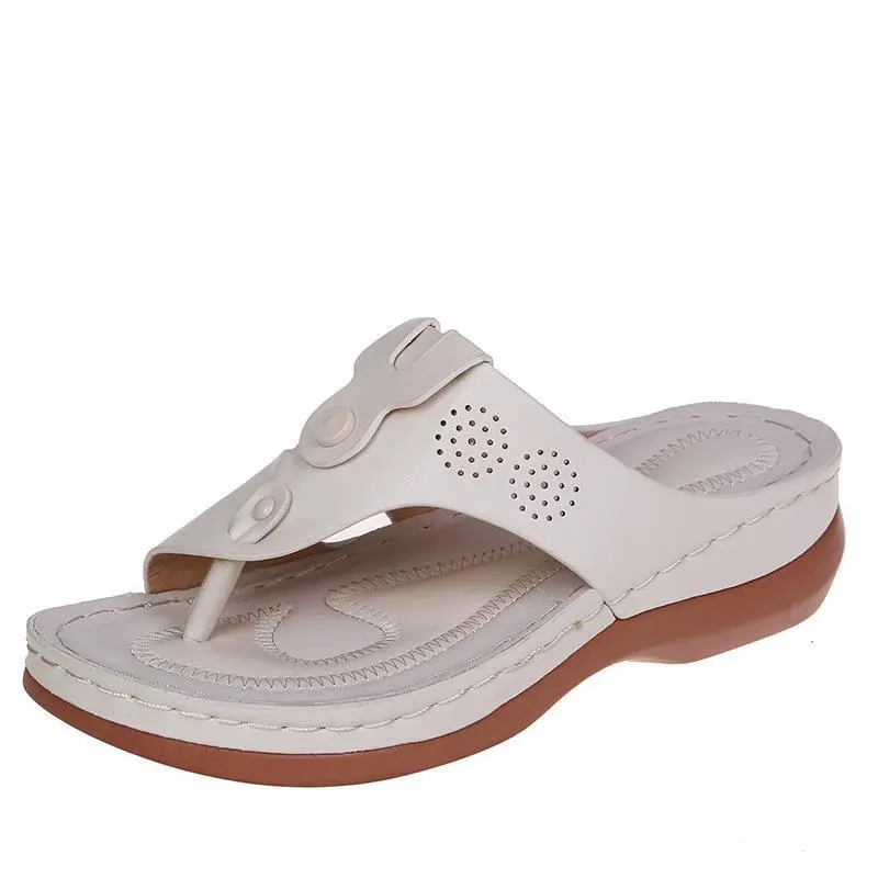 Thong Sandals Women Hollow Out Wedges Shoes Summer Beach Shoes Flip Flops - White