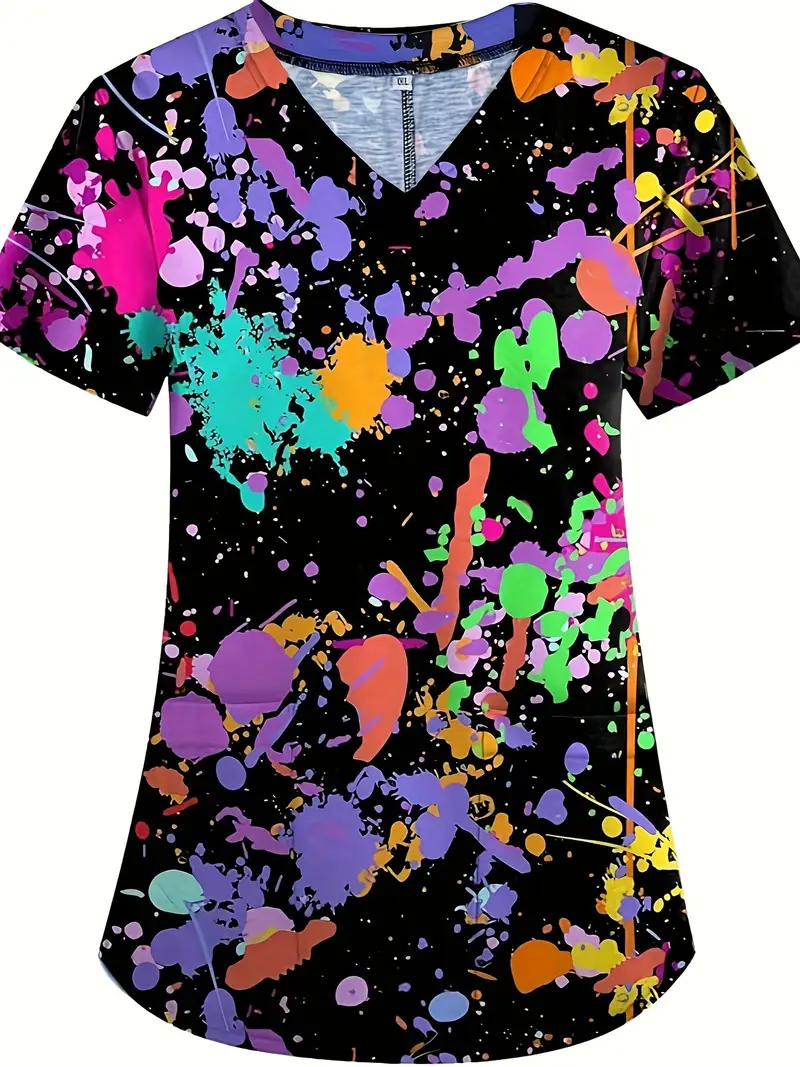 Plus Size Women's Vibrant Print Scrub Top Casual V-Neck Short Sleeve