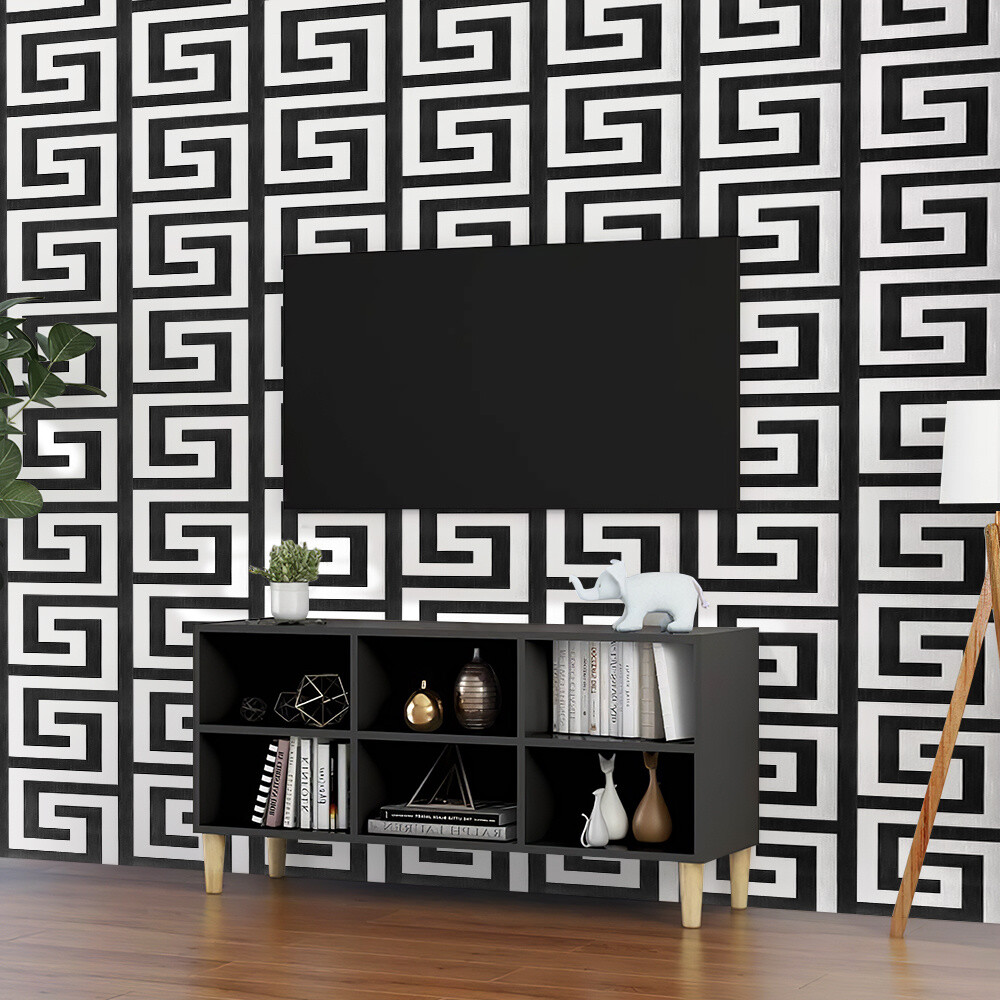 Debona Athena Greek Key Metallic Glitter Wallpaper All Colours-White Black