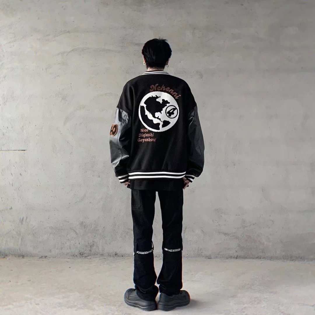 Men's And Women's Contrast Color PU Leather Embroidered Jacket