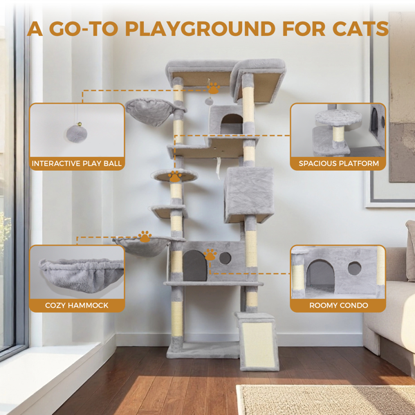 84.6 In Light Gray Cat Tree Tower With Wide Base, 3 Large Hinding Condo, 11 Sisal Scratching Post, Sisal Scratching Ladder, 2 Hammocks, Large Top Platform, Many Landing Perch And Interactive 