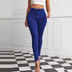 Women's High Waist Sexy Tight Pants - Blue - View 1