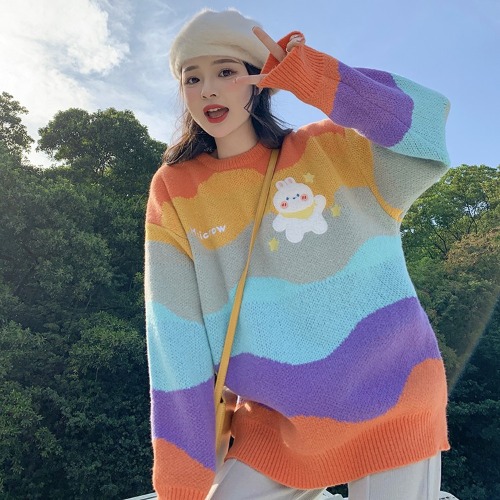 Women's Thick Rainbow Striped Pullover Sweater