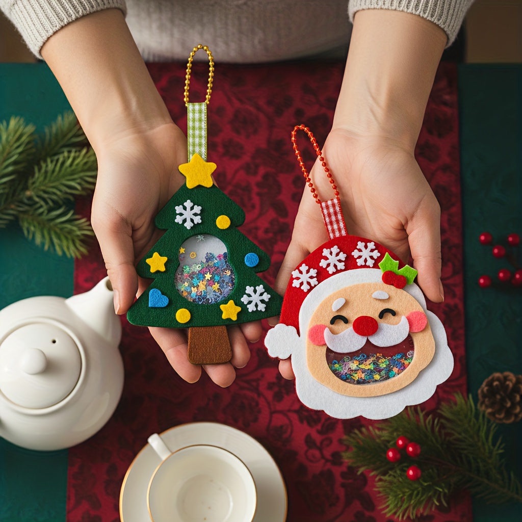 4pcs Christmas Felt Applique Kit, Handmade Ornament Material Set HolidayDecorations, Four Styles Santa Claus, Wreath, Christmas Tree, Crystal Ball, 1 Set Of Mat