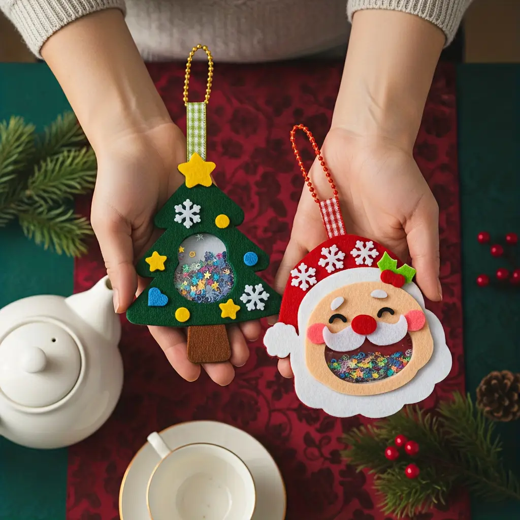 4pcs Christmas Felt Applique Kit, Handmade Ornament Material Set HolidayDecorations, Four Styles Santa Claus, Wreath, Christmas Tree, Crystal Ball, 1 Set Of Mat