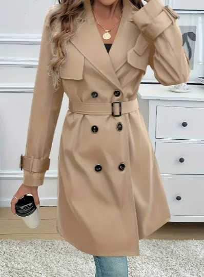 Elegant Belted Trench Coat For Women - Apricot