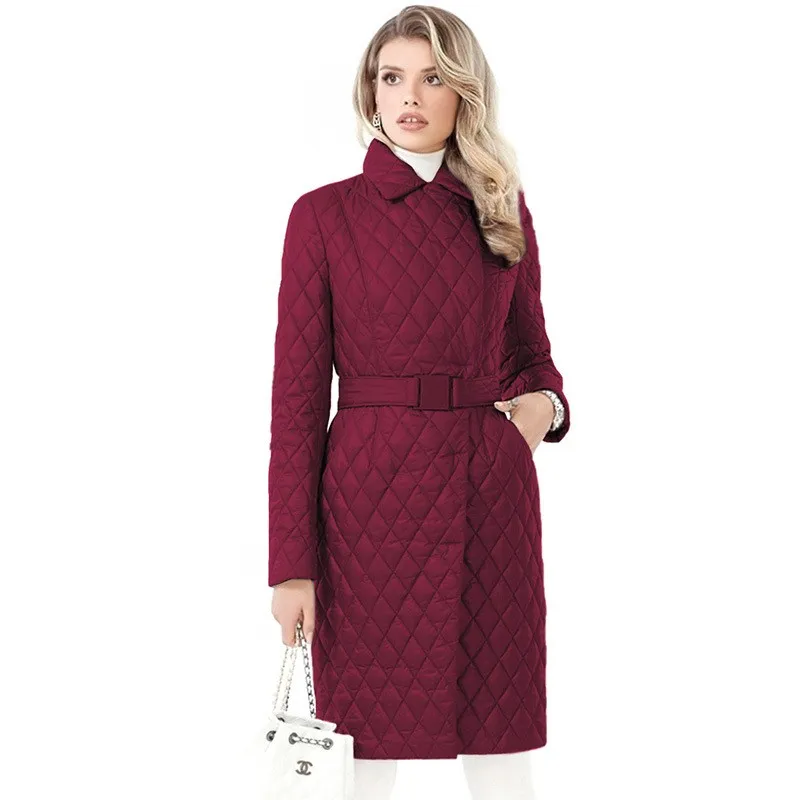 Slim-fit Lace Up Lapel Long Sleeve Plaid Long Cotton Coat - Wine