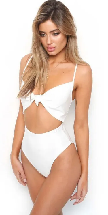 Sexy Tie Knot Printed One Piece Swimsuit With Chest Pad White - Shop at LoveMi