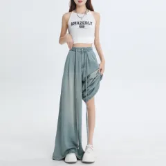 Thin Drawstring Casual Mopping Pants For Women High Waist Loose Slimming Wide Leg Pants - Blue - View 1