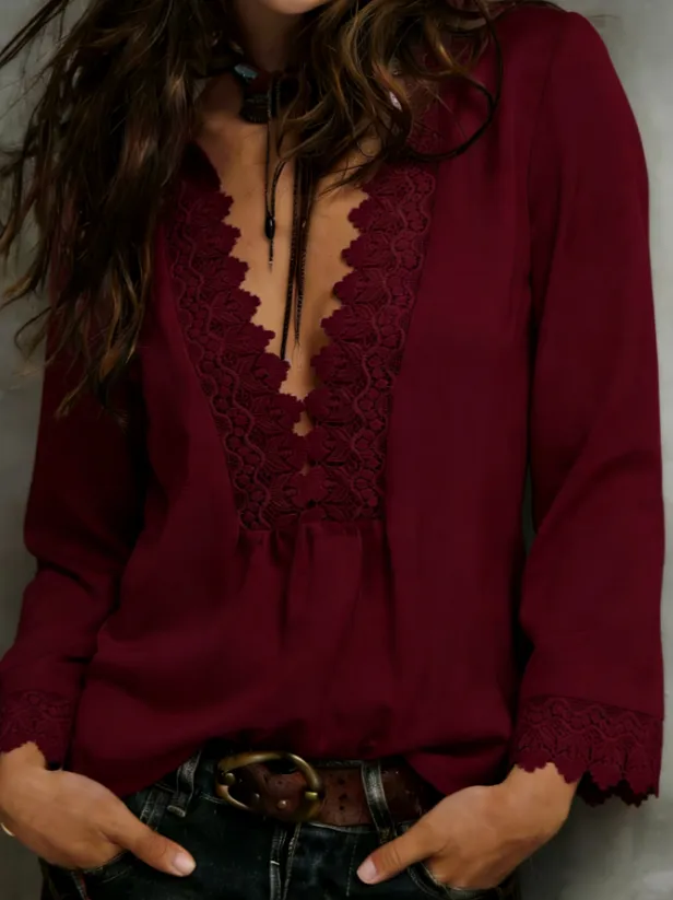 V neck Loose Long sleeved Top Claret S - Shop at LoveMi