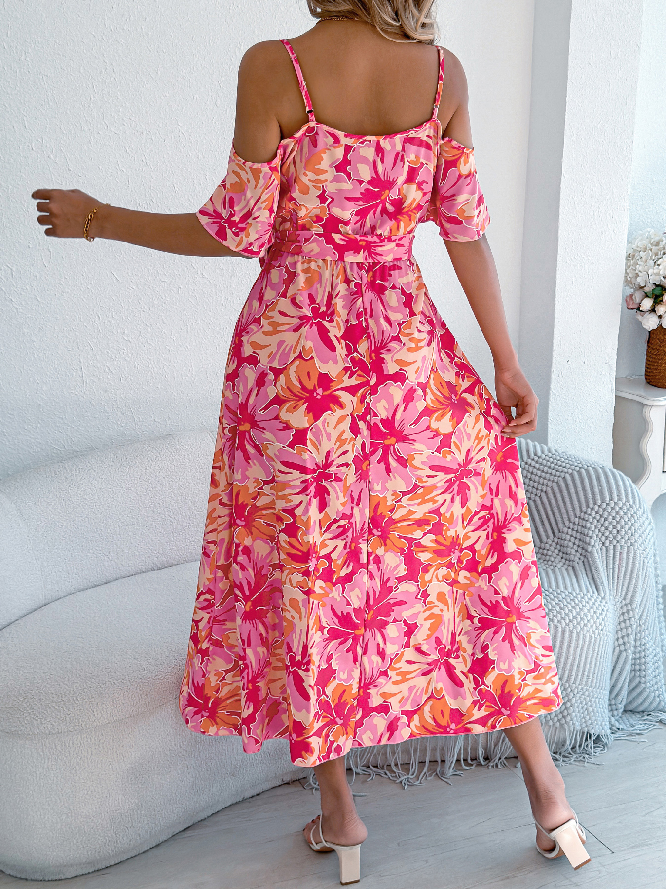 Women’s Off Shoulder Cross V Neck Floral Print Camisole Vacation Maxi Dress