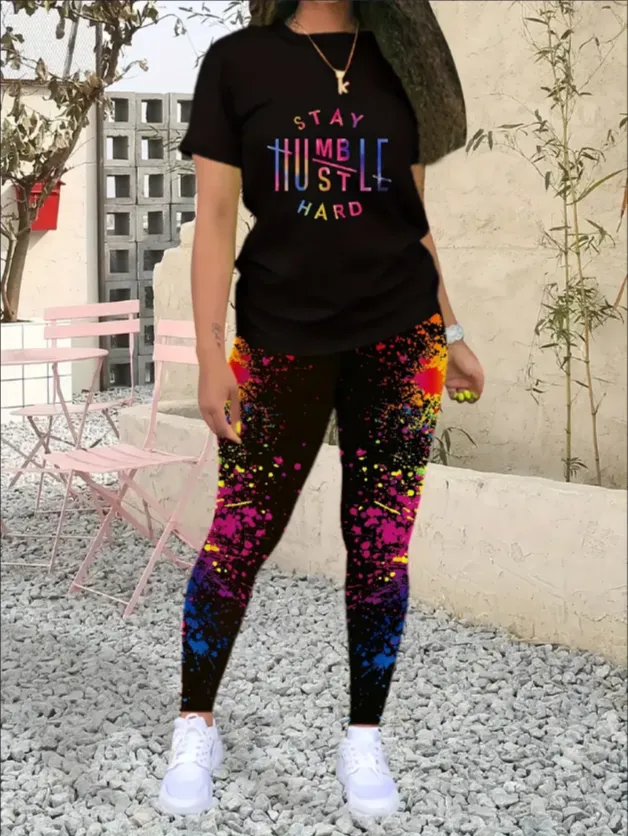 Women's Alphabet Printed Round Neck T Shirt And Leggings Set Black - Shop at LoveMi