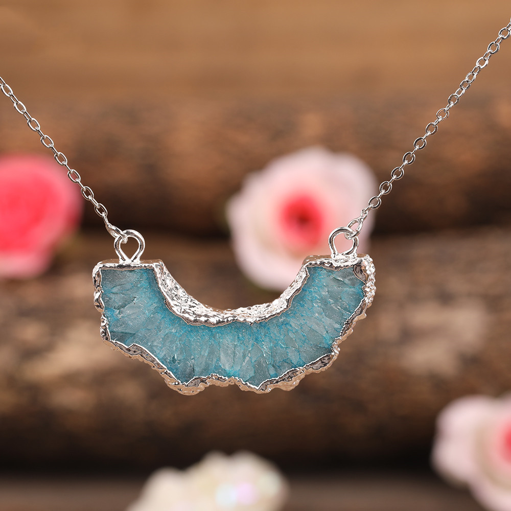 Bohemian Lady Geode Agate Sun Flower Pendant Chain Necklace