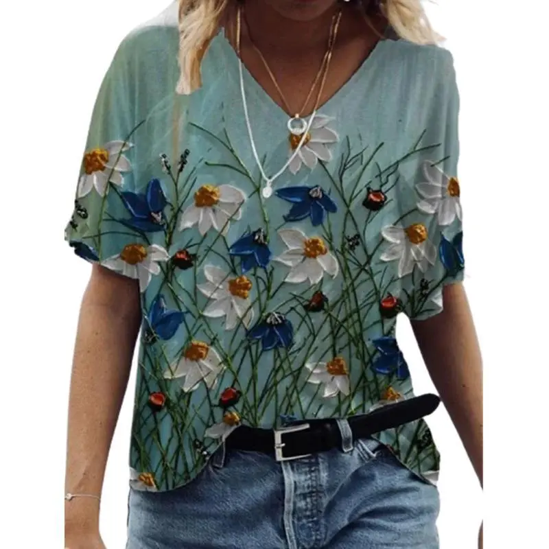 Floral Print Pullover V-neck Short Sleeve T-shirt For Women - Styles10