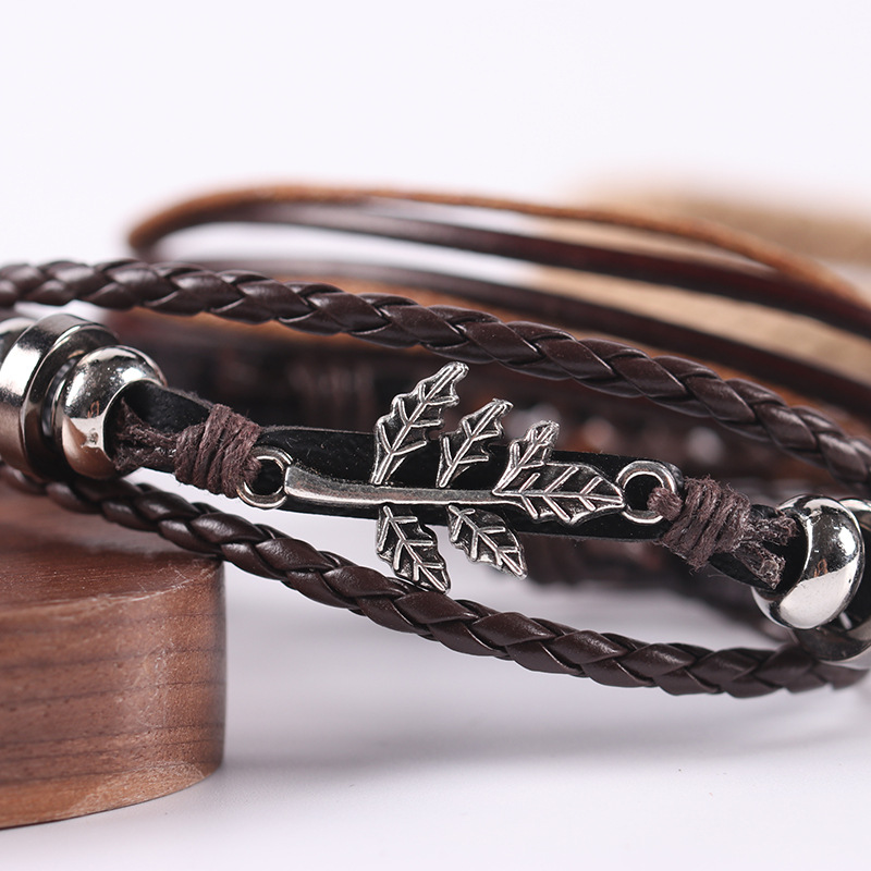 Title 3, Alloy Maple Leaf Leather Bracelet Multi-layer E...