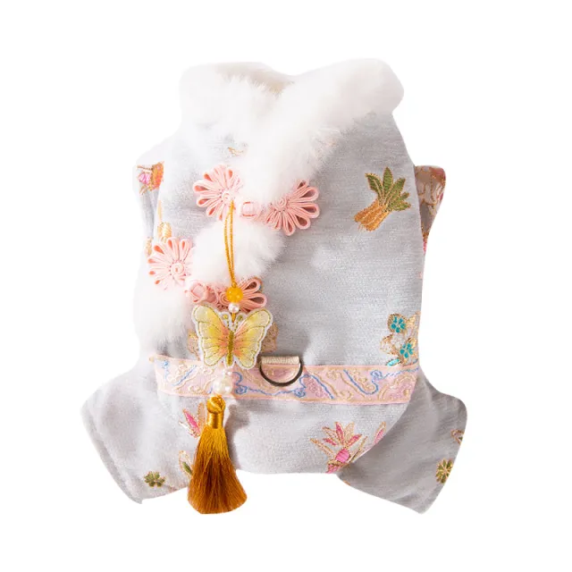 Traditional Pet Cheongsam Coat, Embroidered Floral Dog Jacket With Tassel & Faux Fur Trim For Festive Wear Blue - Shop at LoveMi