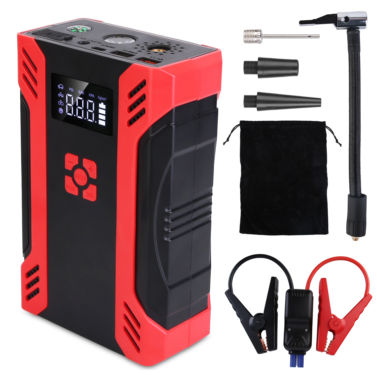 1Pc Car Jump Starter With Air Compressor Portable Car Battery Booster With Digital Tire Inflator With 2000mAh Peak Current For 12V Car 6.5L Gas Or 4.0L Diesel Engines