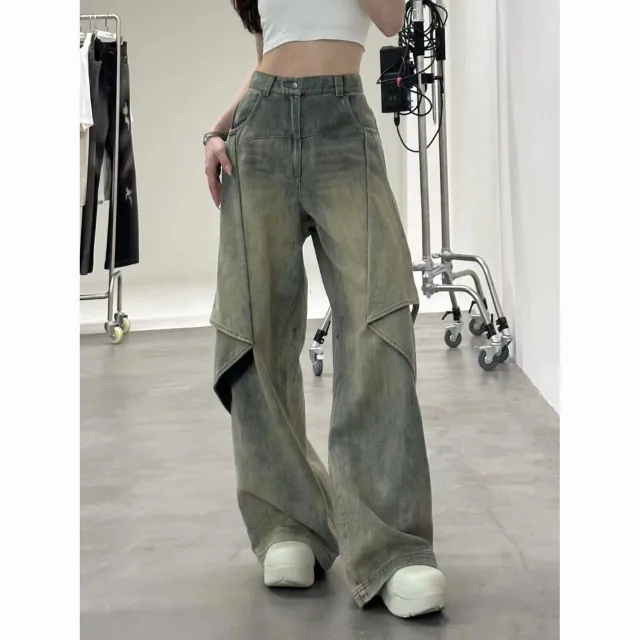 High Street Wide Leg Pants Design High Fashion Brand Loose Straight Pants Vintage Blue - Shop at LoveMi