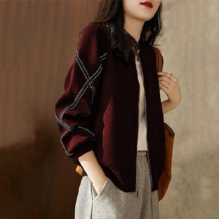 Retro Fashion All match Loose Jacket Baseball Uniform Top Coffee Red - Shop at LoveMi