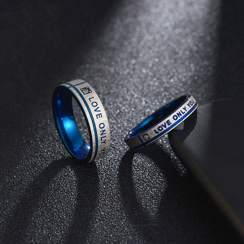 Stainless Steel Blue Plated Love Only You Couple Diamond Confession Engraving Ring