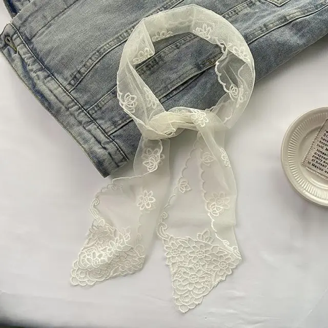 Streamer Small Scarf Embroidered Lace Tie Head Silk Scarf Hairband Beige - Shop at LoveMi