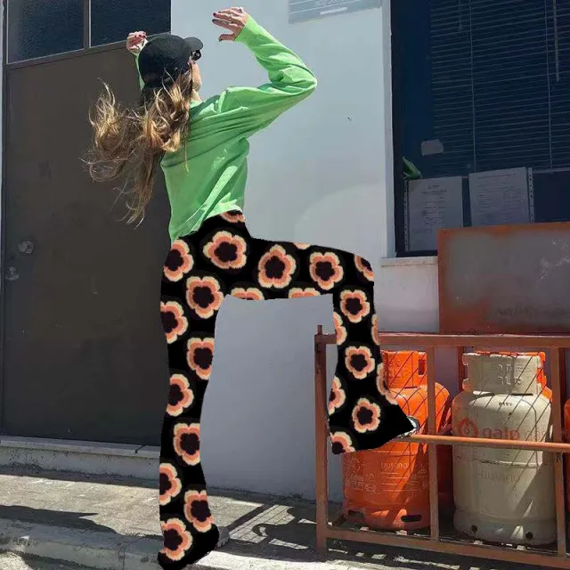 Sports And Leisure Wide Leg Pants Flared Pants Women's Clothing Big Flower - Shop at LoveMi