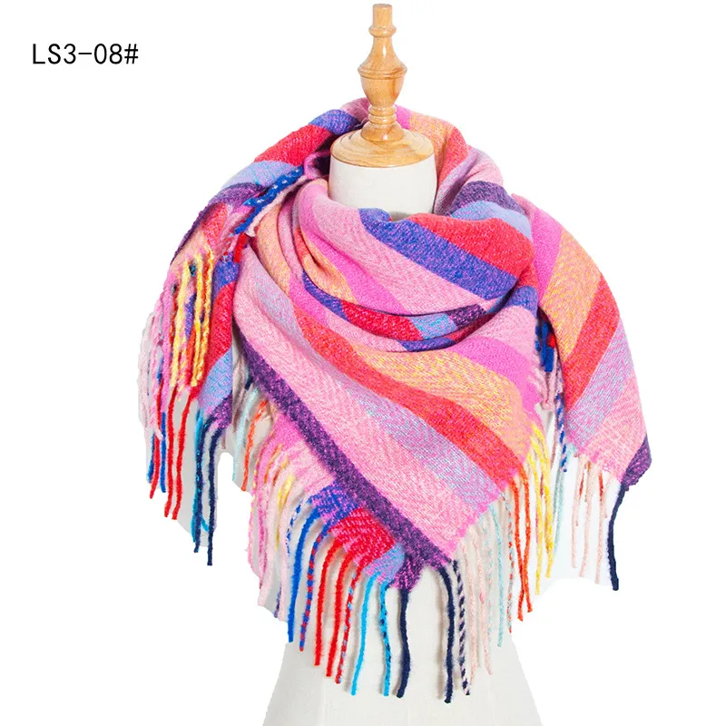Yarn Stripe Grid Polyester Long Fringed Bristles Square Scarf Women Men's Bib Shawl - M5-110Cm
