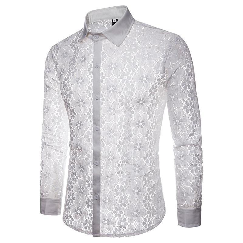 Title 4, Lace Solid Color Mens Long-sleeved Lapel Shirt...