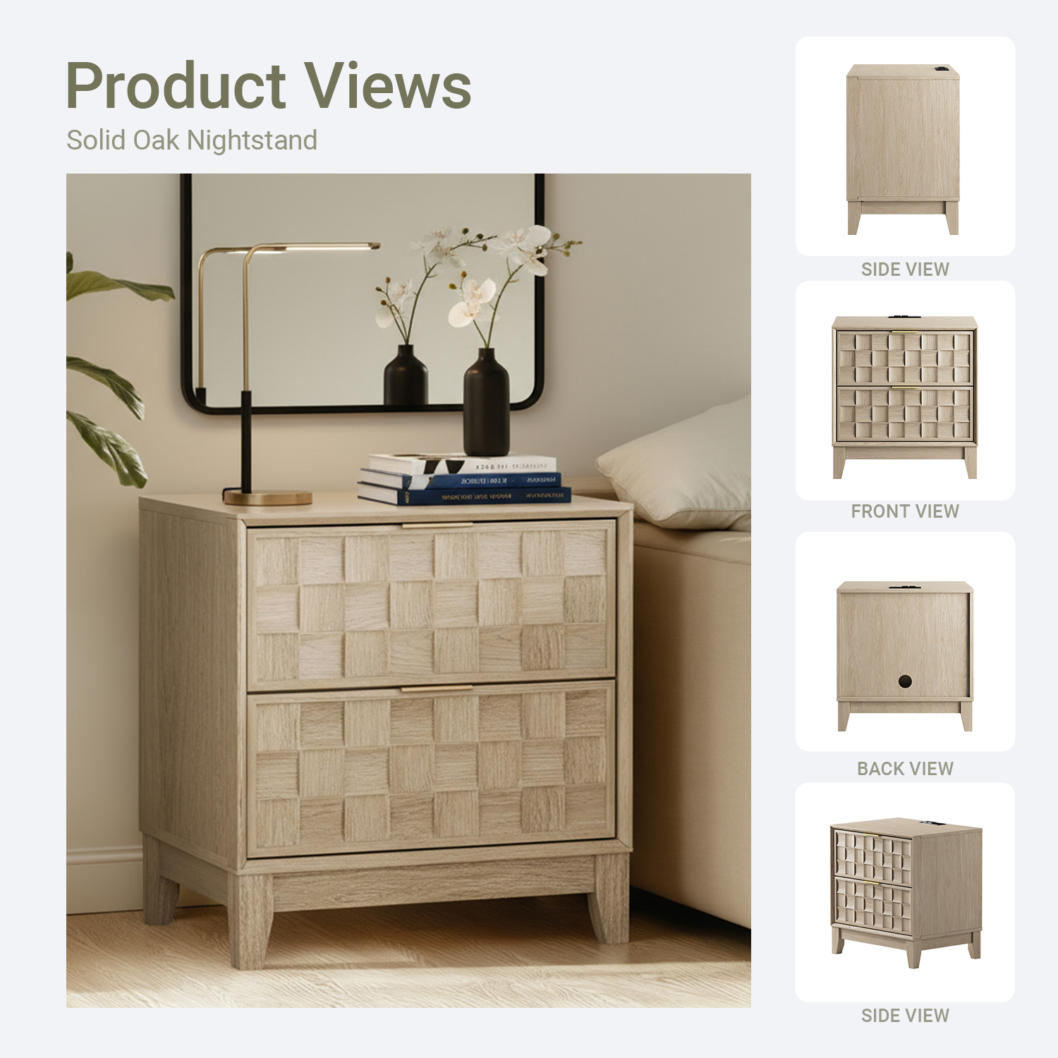 Night Stand With Charging Station, Wooden Nightstand Bedside Table, 2 Drawers With Chessboard Relief And Charger, Oak - 7