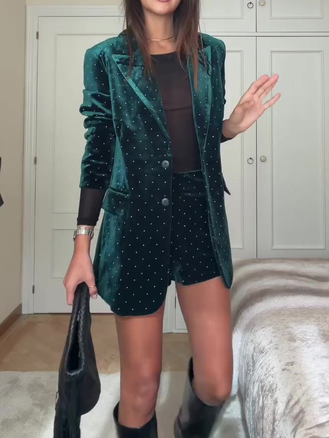 Diamond Velvet Suit Jacket & Shorts Set Dark Green - Shop at LoveMi