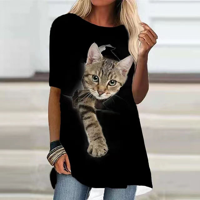 Fashion Women's Short Sleeve Digital Printing Black Plus Cat - Shop at LoveMi