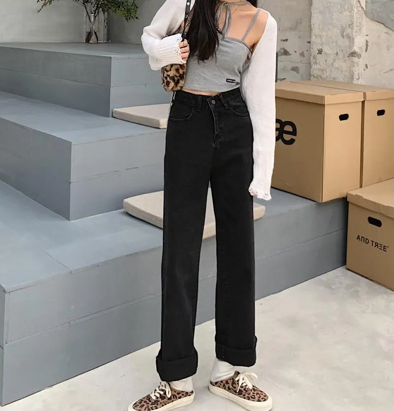 Fashion High Waist Ripped Wide Leg Thin Jeans Women - Black