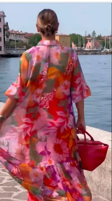 Cotton And Linen Vintage Printed Dress Loose Long Sleeve Big Hem Dress